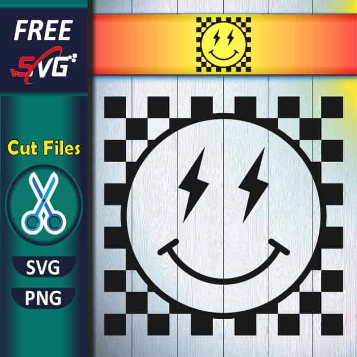 checkered smiley face SVG free, Lightning Bolt smiley face SVG
